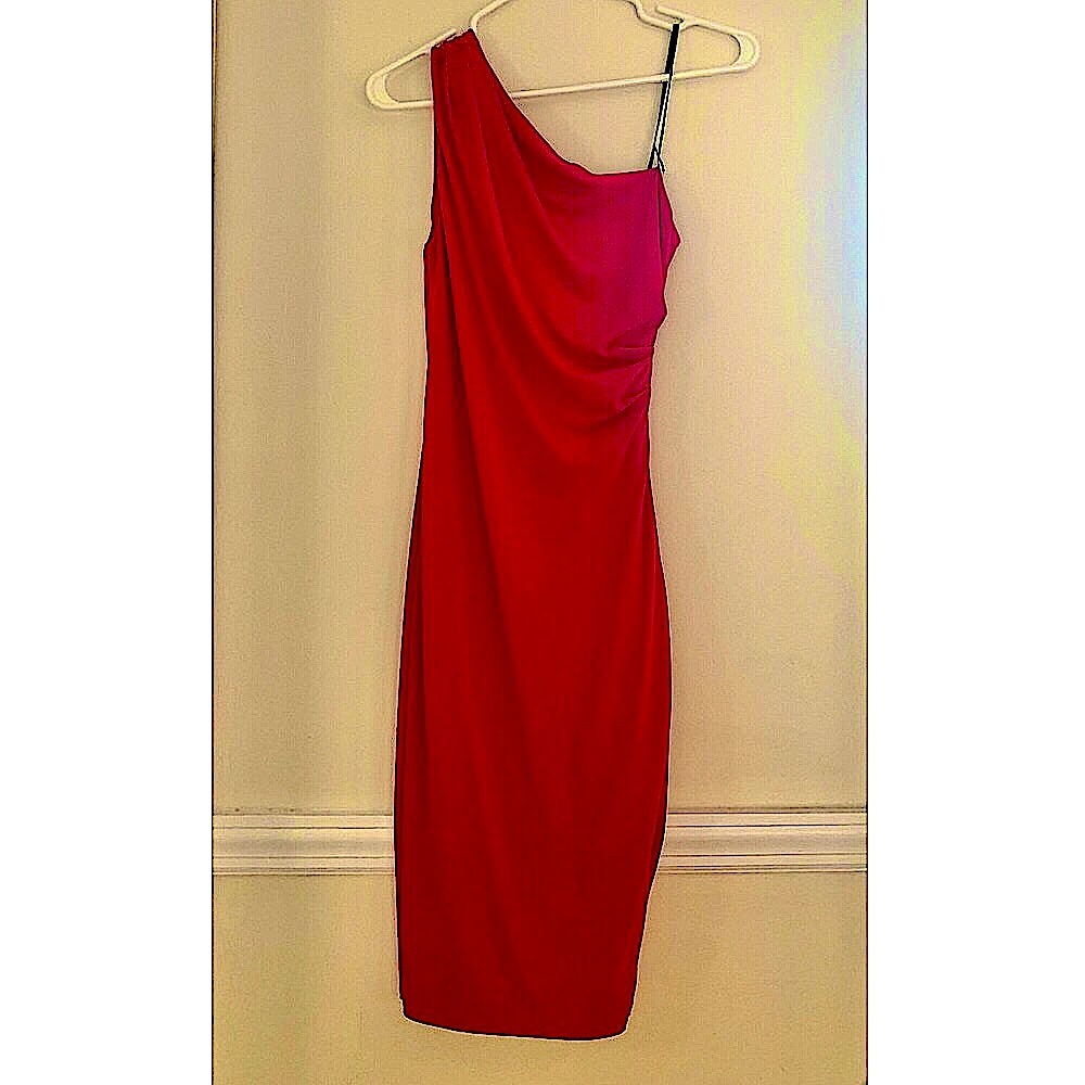 One shoulder red rouched body con midi cocktail dress.